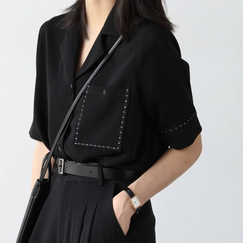 

Черная рубашка с коротким рукавом, однобортная, свободного кроя, в корейском стиле, для офиса, весна-осень, однотонная, шикарная, для деловых женщин