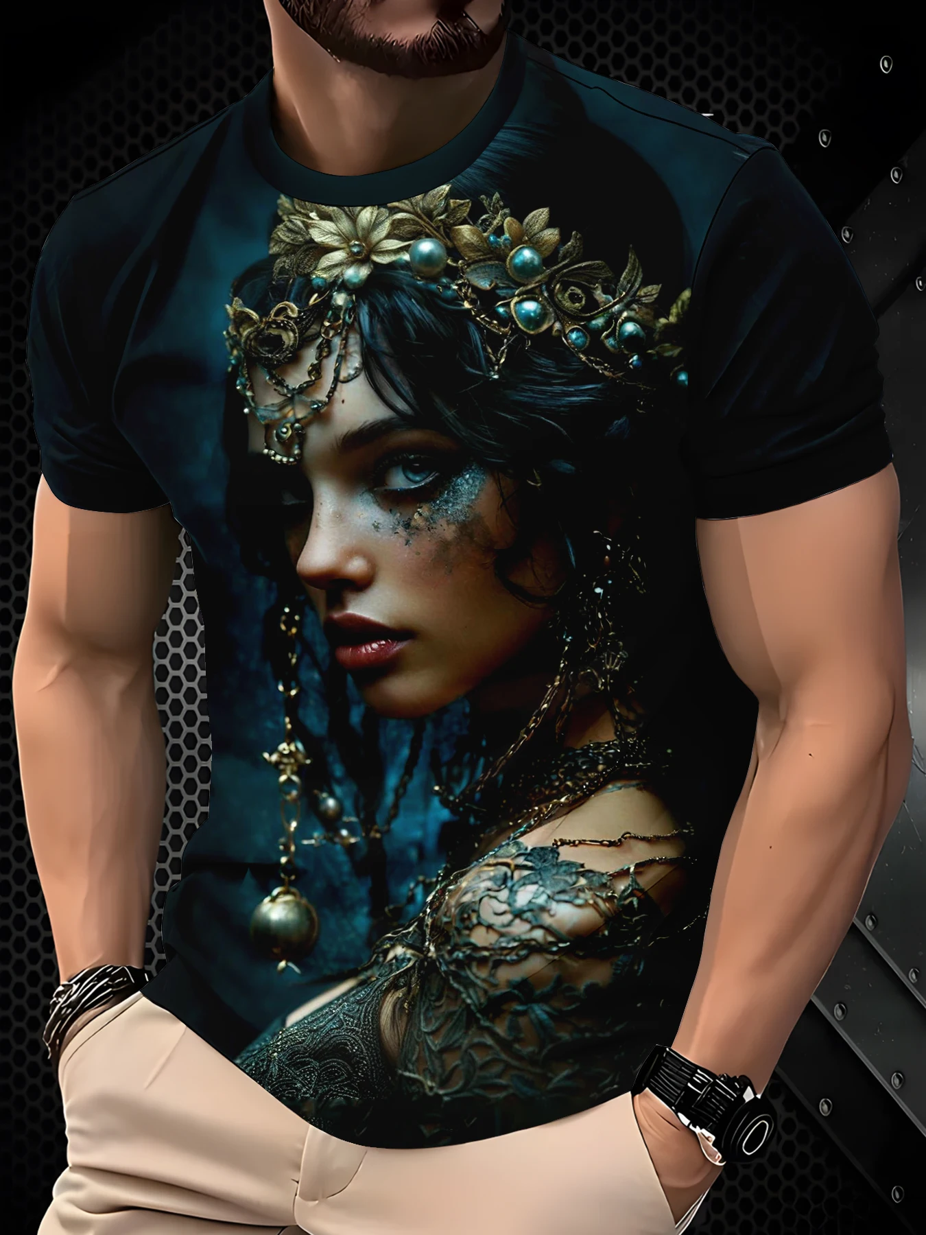 Men Crew Neck Tee With Vintage Dark Style Lady Art Decor Print