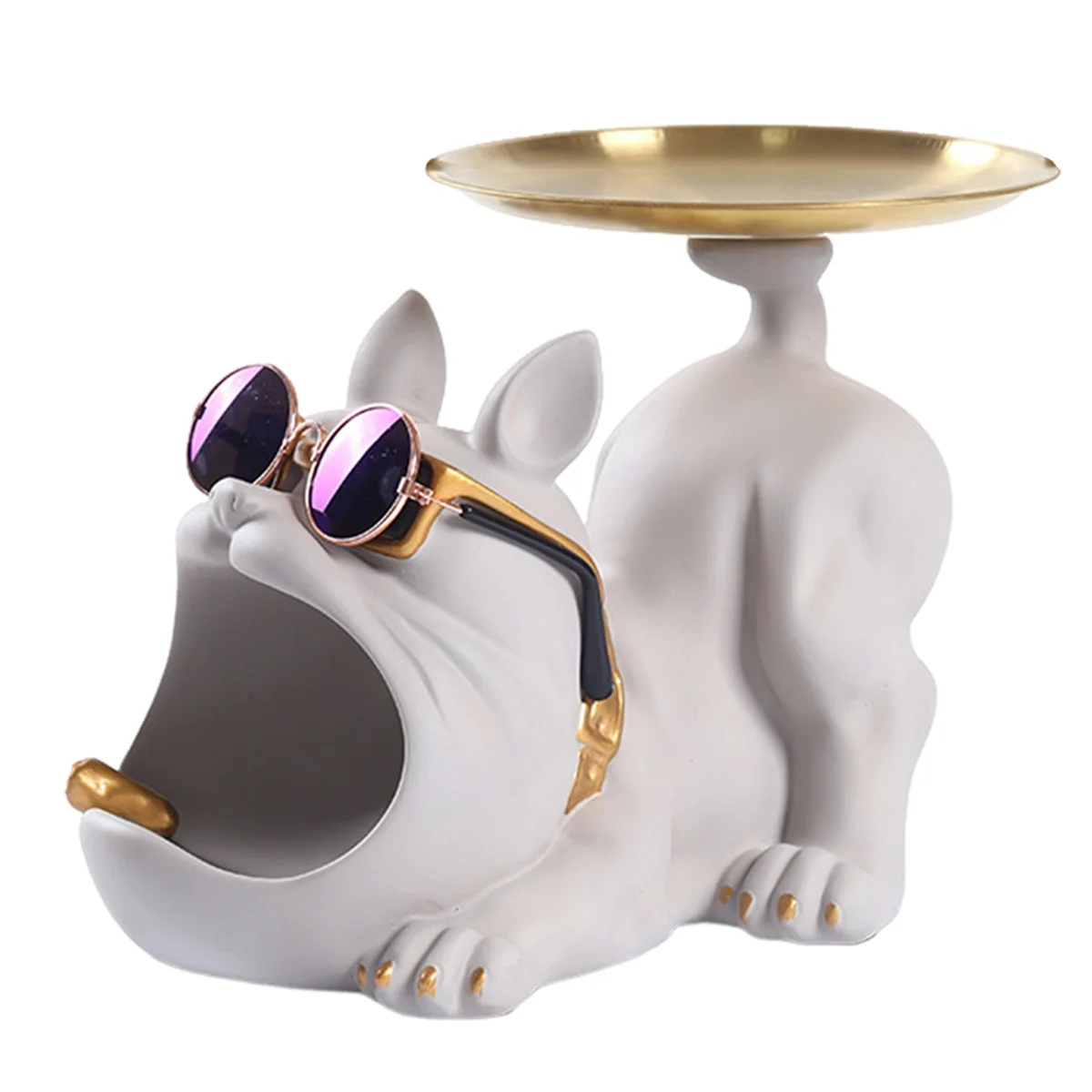 Resin Cool Bulldog Crafts Dog Butler with Tray for Keys Holder Storage Jewelries Animal Room Home Decor Statue,Grey