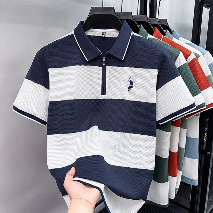 Modisches gestreiftes, farblich abgesetztes Kurzarm-Poloshirt für Herren High-End-Marke Pony-Stickerei Sommer, Golf, Freizeit, neues T-Shirt mit halbem Reißverschluss – Detail 16