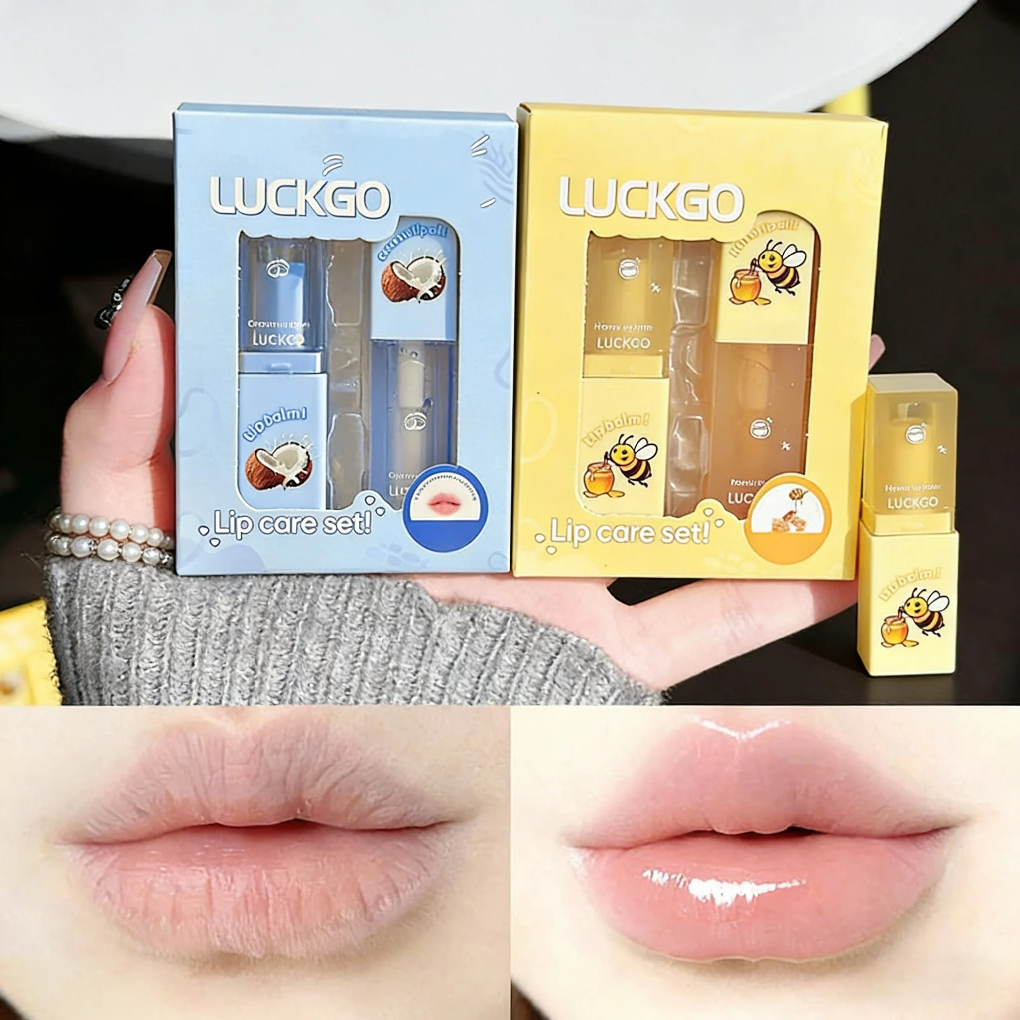 Set de Bálsamo Labial Hidratante de Miel y Coco y Aceite Labial Gege Bear, Ligero, Humectante, Calmante y Suavizante para Labios en Invierno