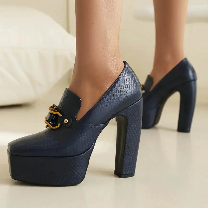 Spring Autumn Stone Pattern 13.5cm  High-heeled Shoes Waterproof Platform Metal Fasteners Night Club Walk Show Women Shoes 35-43