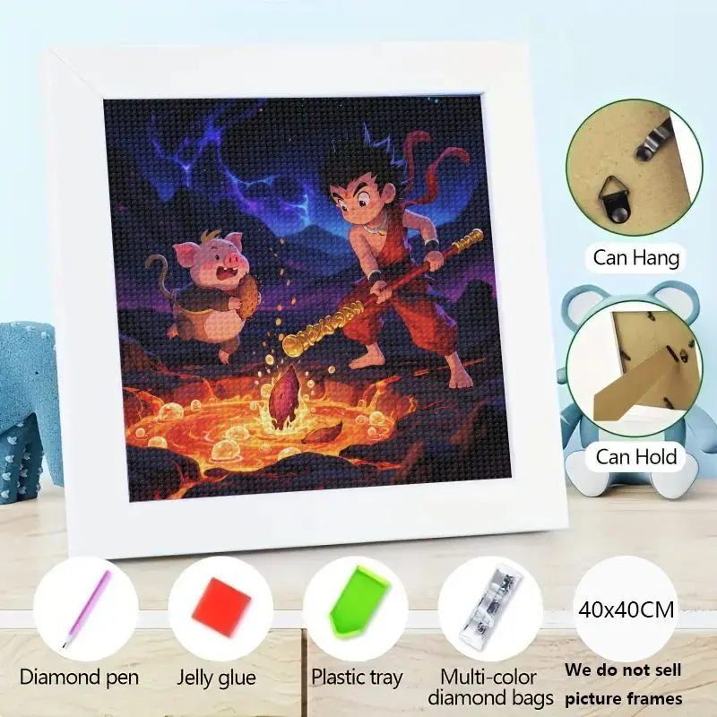 

1PC 5D DIY Full Drill Diamond Painting Kit, Anime Young Goku & Cartoon Pig Character Adventure, Fantasy Fiery Lava Landscape Cro