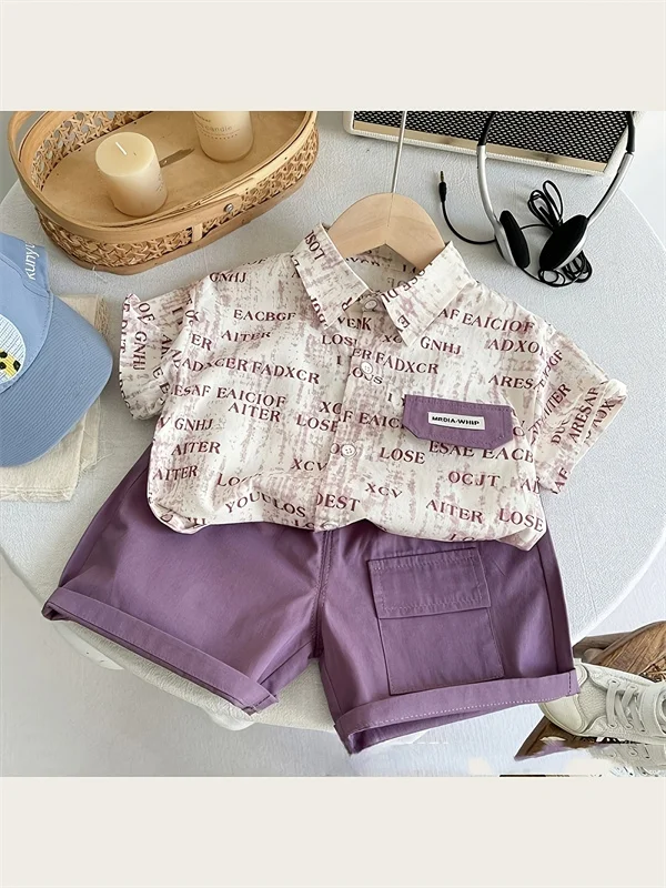Baby Boys 2Pcs Summer Outfit Letter Print Short Sleeve Lapel Shirt Purple Cuffed Pocket Shorts Kids Casual Clothing Set