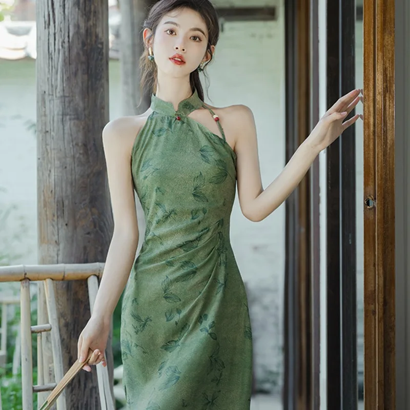 Chinse Traditional Style Dress Vintgae Mandarin Collar Sleeveless Cheongsam Sexy Slim Female Long Qipao Elegant Lady Vestidos