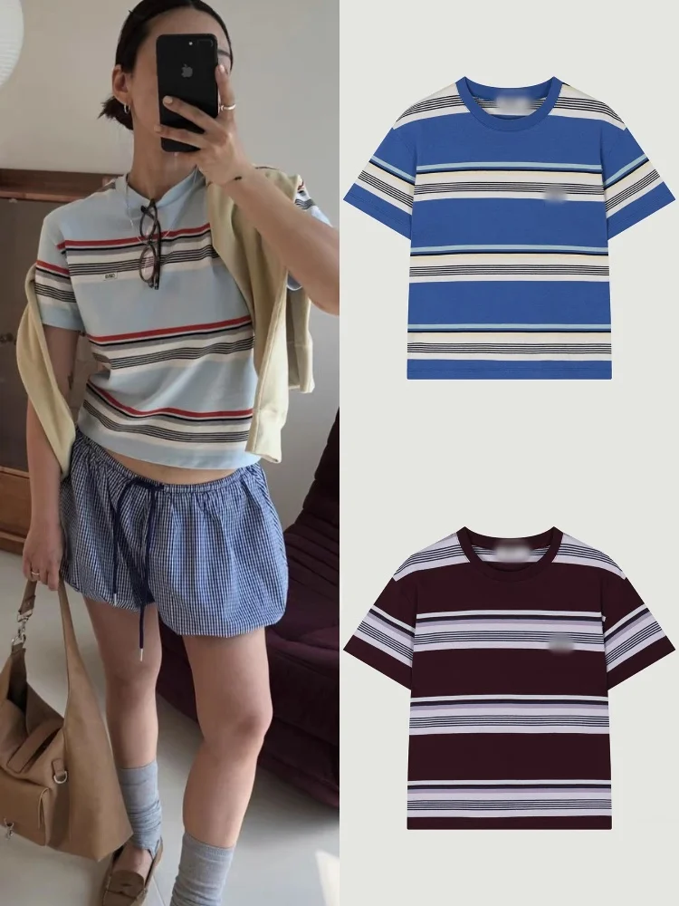 

Casual Stripe ort Sve T-irt round Ne Versatile Summer Faion Anti-aging Top Dongda Gate Sle Simple Match All Seasons