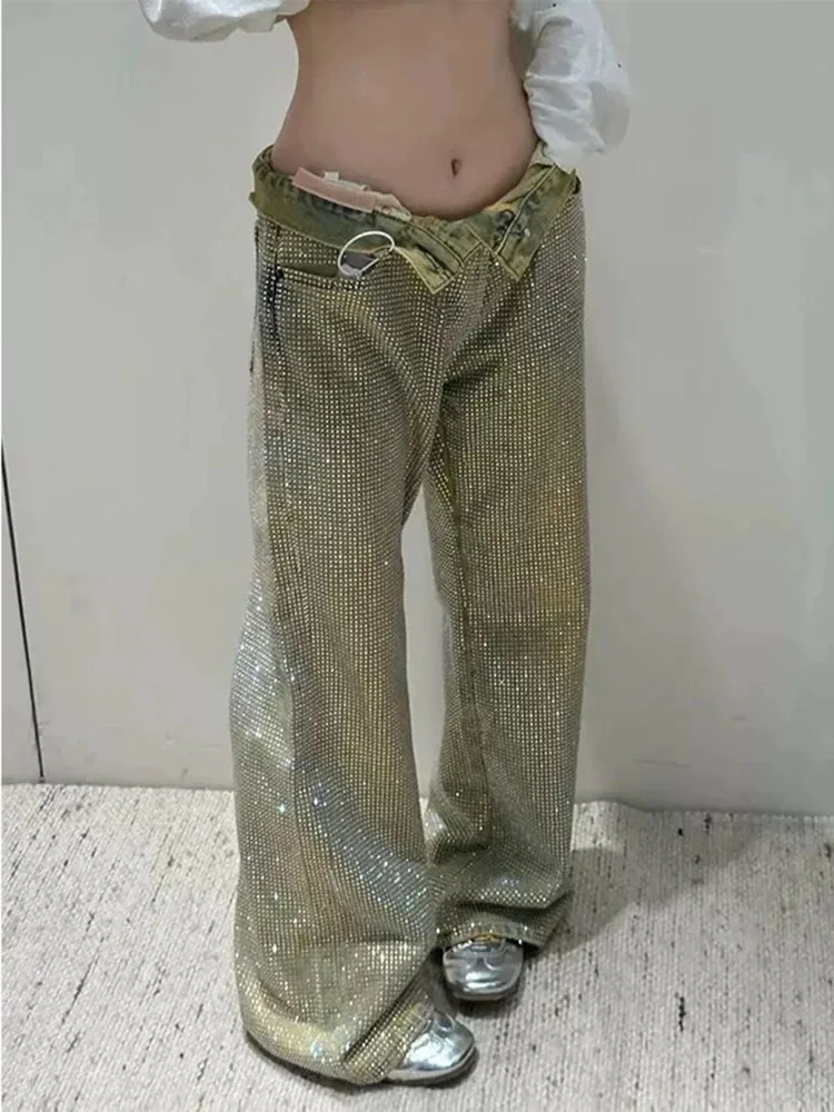

American Retro Full Rhinestone Jeans For Women Spring/Summer New Casual Fashionable Street Style Straight Leg Denim Pants