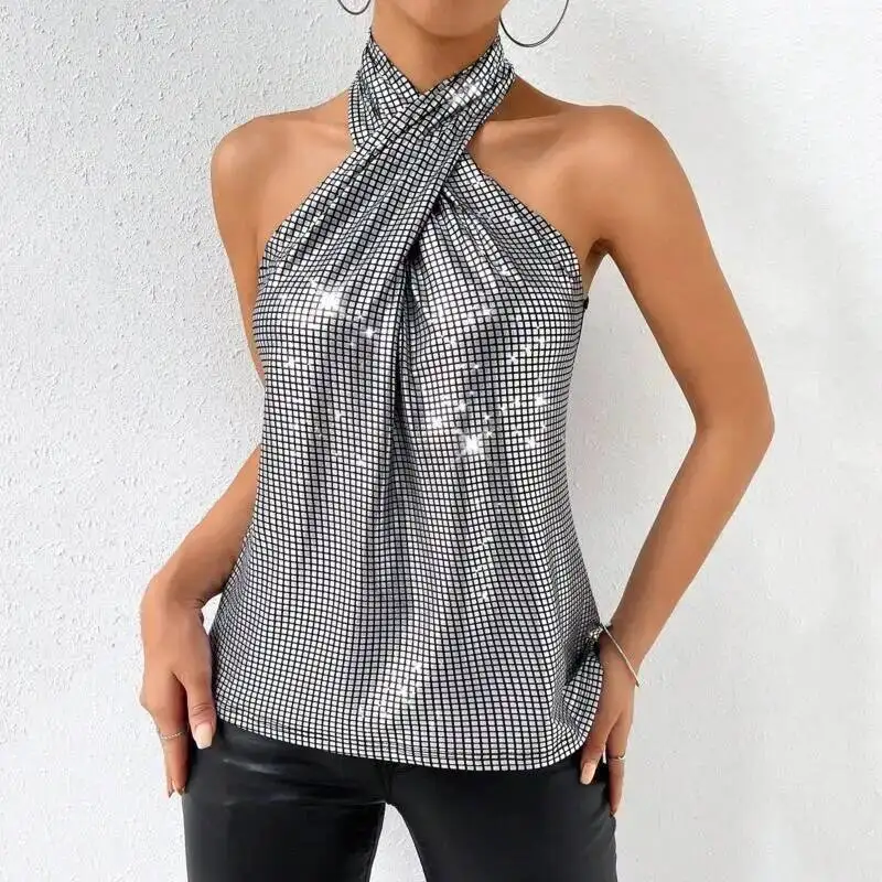 HKSH Women Sexy Vest Halter Neck Sleeveles Cross Folds Slim Fit Versatile Elegant High-end Fashion Dance Tank Top Summer HK23373