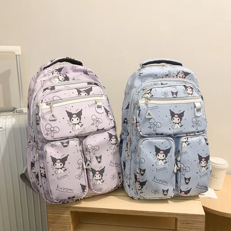 Mochila de anime bonito para meninas, kawaii sanrio kuromi, bolsa de estudante de bolso duplo de grande capacidade, simples