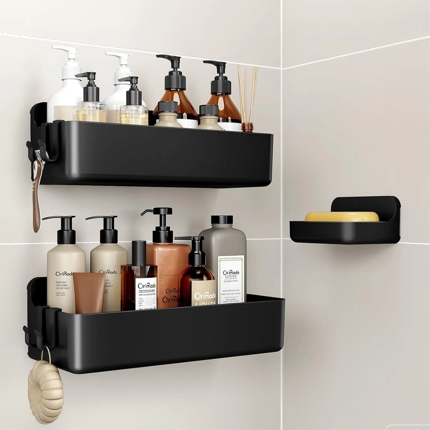 

Shower Caddy 3-Pack, No-Drill Adhesive Shelves with 4 Hooks for Bathroom, Rustproof ABS Storage Organizer Set, Black
