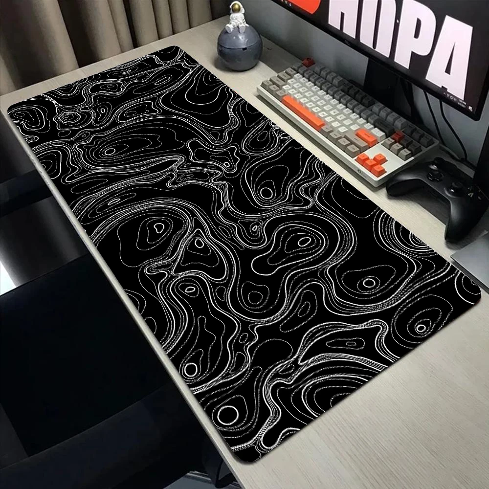 Tapis de souris de jeu en noir et blanc, carte topographique, texture de sous-ligne, clavier d'ordinateur portable, sous-ordinateur, long, polymères de bureau
