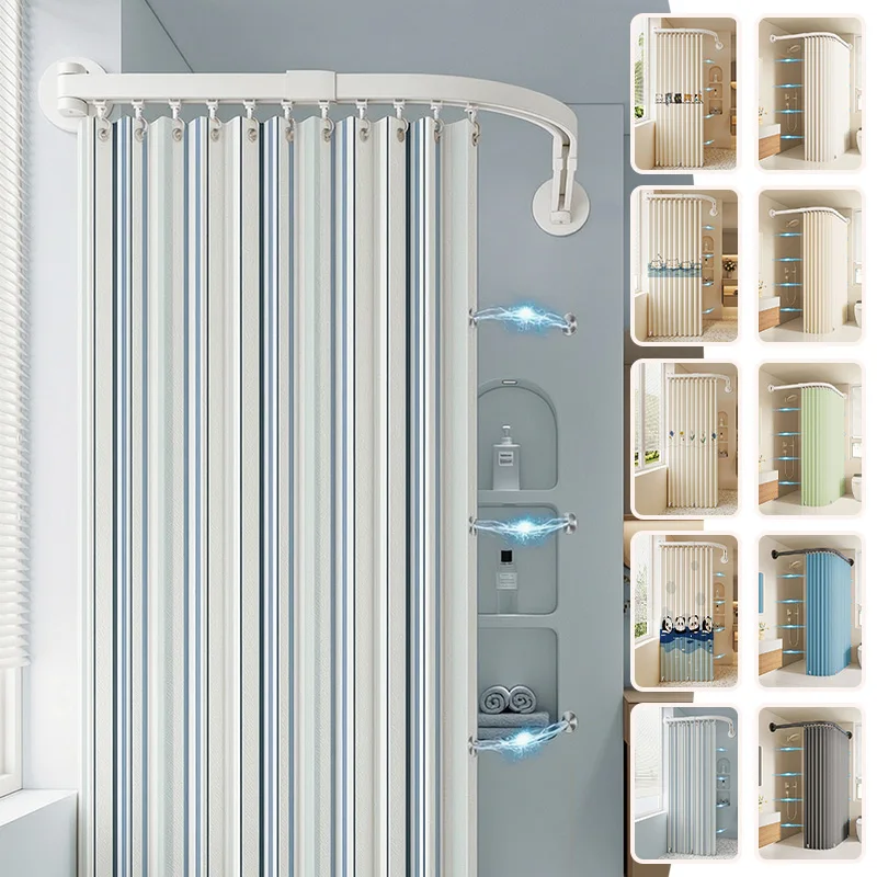 Curved Adjustable Shower Curtain Rail Set Waterproof Mildew Resistant Hanging Curtain for Dry Wet Separation Shower Partition