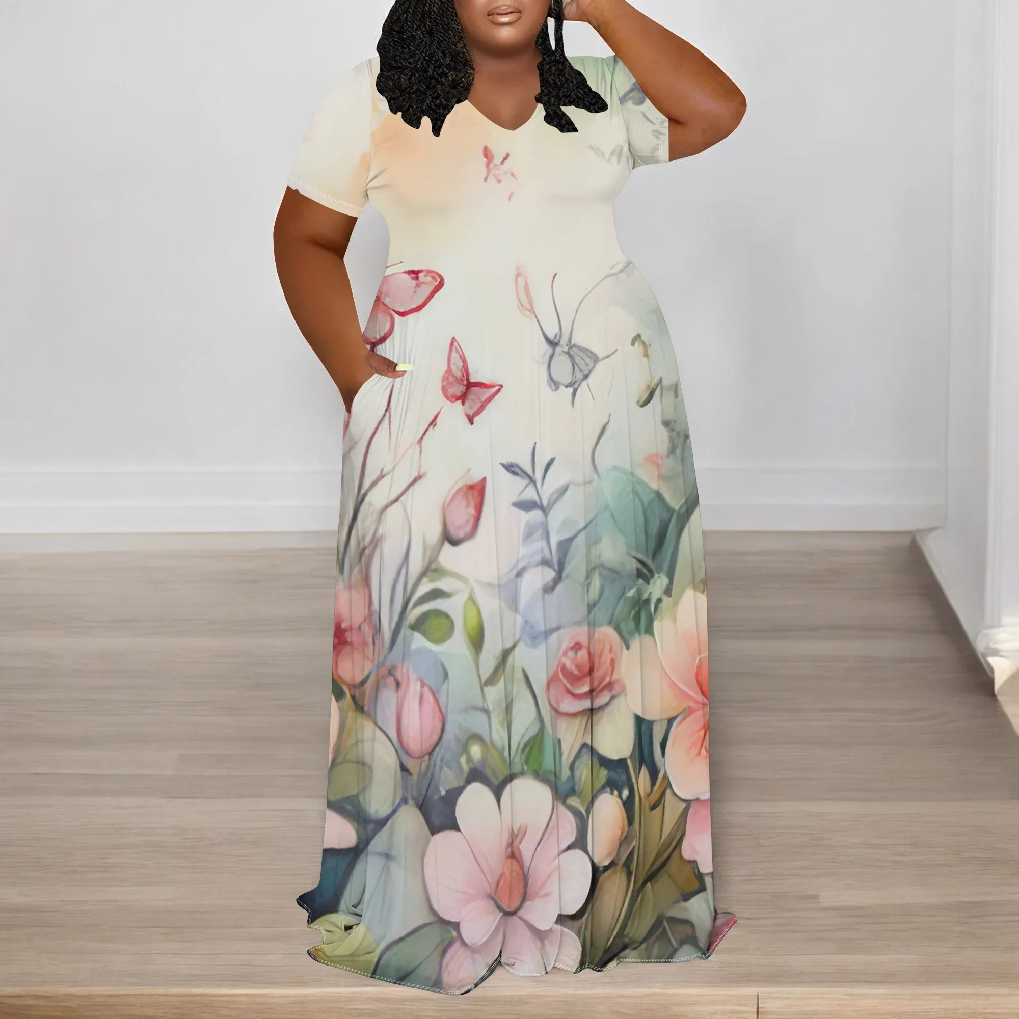 プラスサイズ レディース 夏 3D ファッション プリント ワンピース 半袖 Vネック マキシワンピース (ポケット付き)