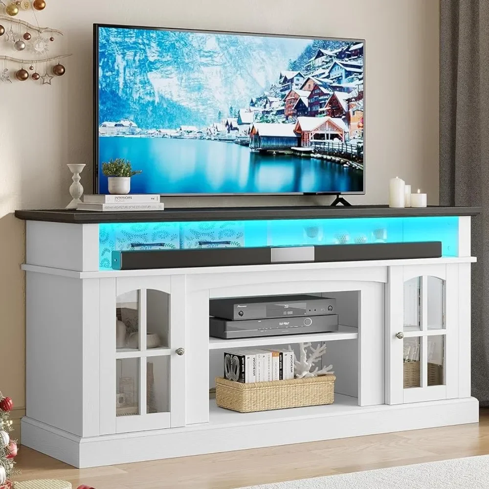 

Highboy Media Entertainment Center Консольный столик Регулируемые полки для хранения и шкаф со стеклянной дверью для 400 фунтов для гостиной Белый