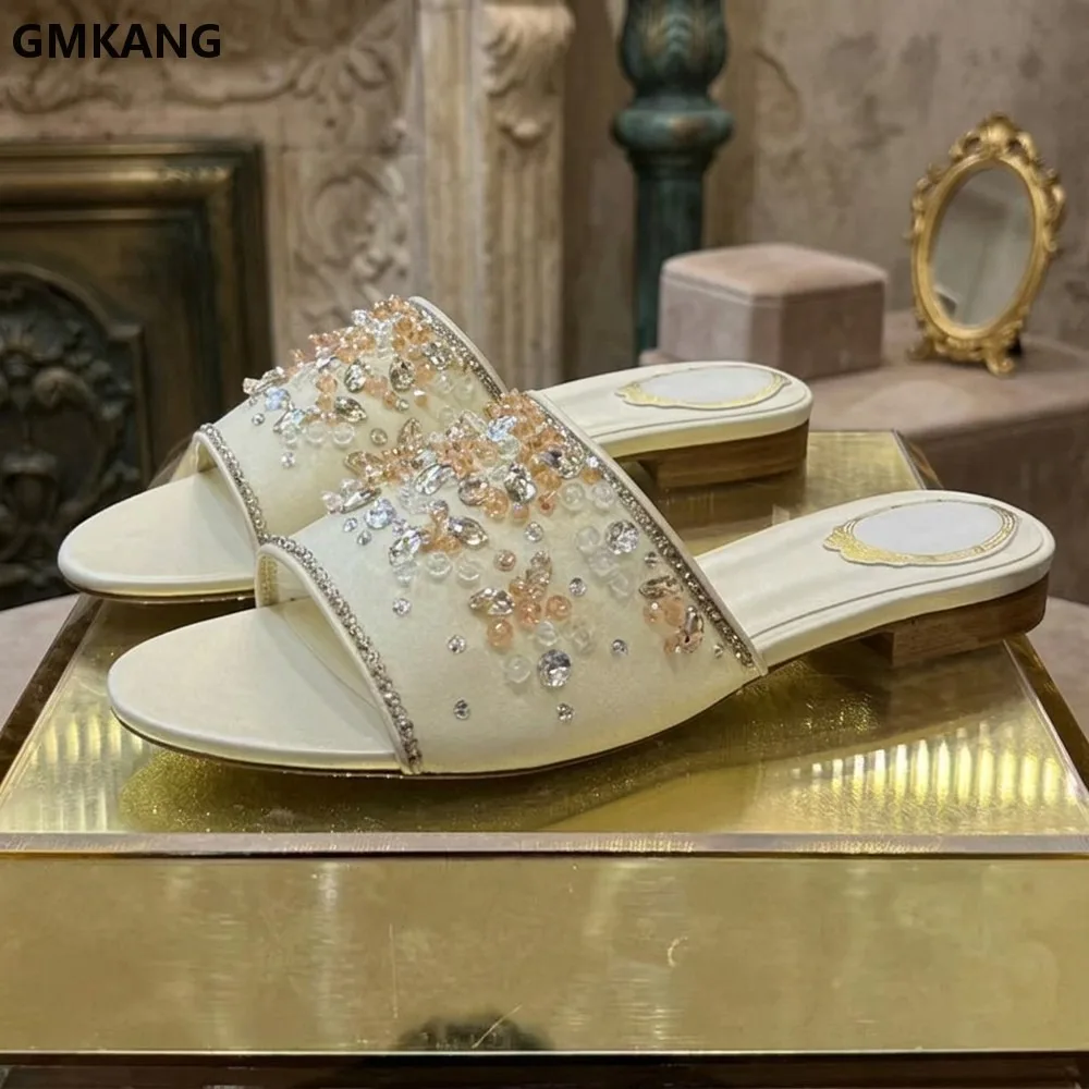 GMKANG Women Square Toe Rhinestone Slippers Low Block Heel Summer Slides Crystal Flower Embellished Open Toe Dressy