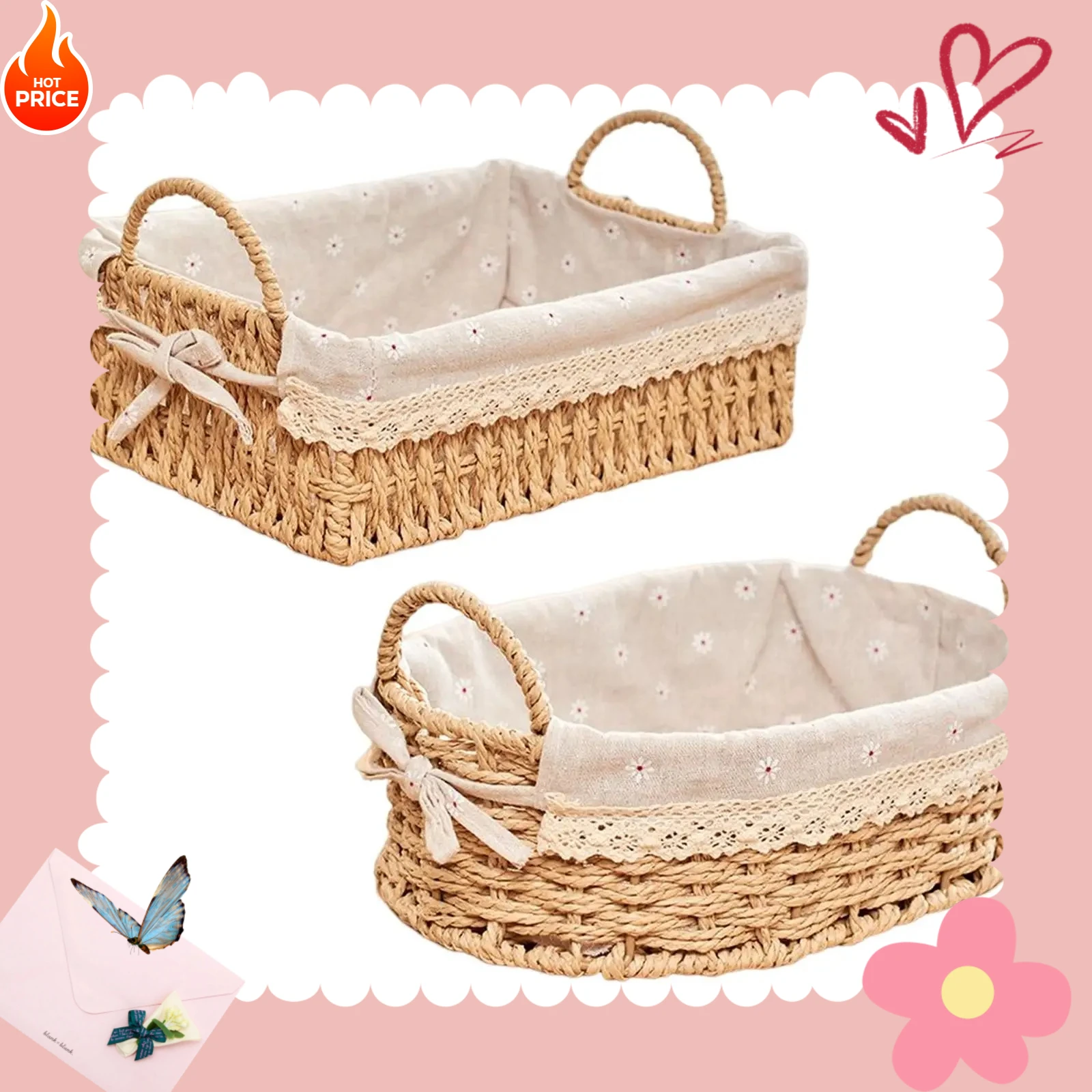 WW cestas de almacenamiento organizador de cocina tejido a mano con asas caja de cosméticos para desayuno fruta dormitorio baño hogar decorativo