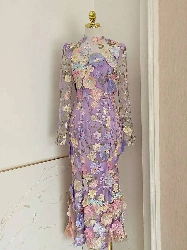 فستان سهرة متوسط الطول ، أكمام طويلة ، فاخر ، تطريز زهور ثلاثي الأبعاد ، رداء حفلة موسيقية ، مصمم علامة تجارية ، عطلة ، مناسبات رسمية جديدة ،