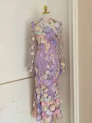 Brand Designer Holiday Evening Dresses 2024 New Formal Occasions Medium Length Long Sleeve Luxury 3D Flower Embroidery Prom Robe