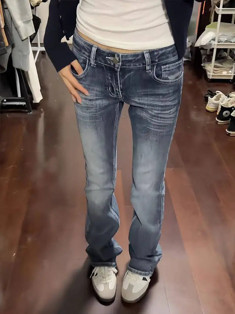 Low Waist Bell Bottom Denim Jeans Women's Spring Autumn Sexy Micro Flared Pants Bootcut Long Trousers Washed Blue Jeans