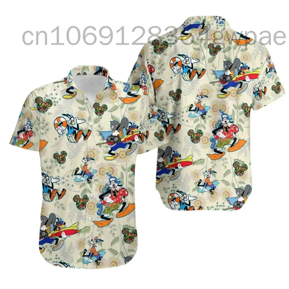 Camisa havaiana do Pateta Disney para homens e mulheres, camisa de praia casual, manga curta, com botões, festa tropical, infantil