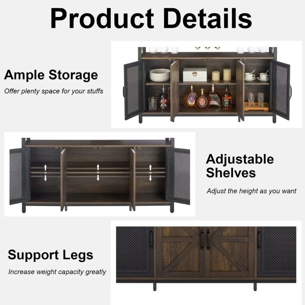 Farmhouse Liquor Cabinet Bar para casa, café grande com armazenamento, aparador buffet rústico com cremalheira do vinho e vidro