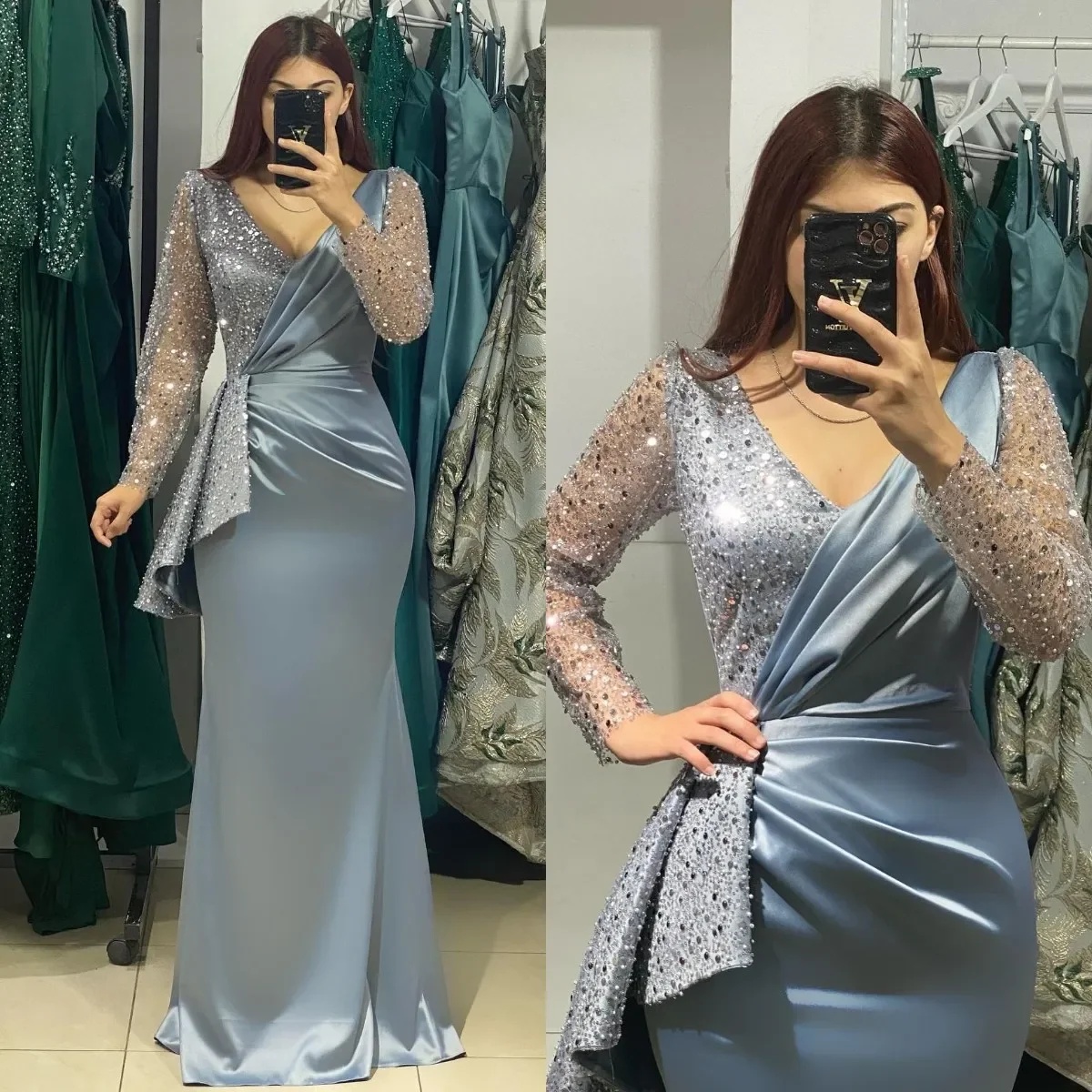 

Mermaid Ball Luxury Evening Dress Glitter sexy V-neck wrap hips with a floor length skirt cocktail formal ladies party dress