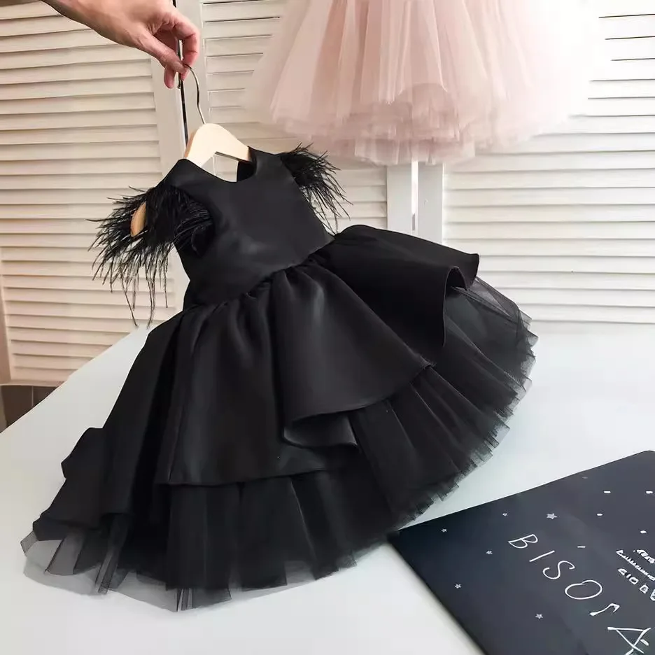 Kids Summer Dresses For Party Wedding Dress Feather Children Pageant Gown Tulle Dress for Girls vestidos de fiesta de noche