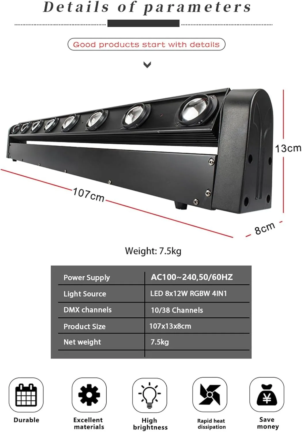 8x12W RGBW 4in1 LED Moving Head Light Bar with Beam Effect, 8° Lens, 180° Tilt, DMX Sound Control for Stage Wedding Disco view 6