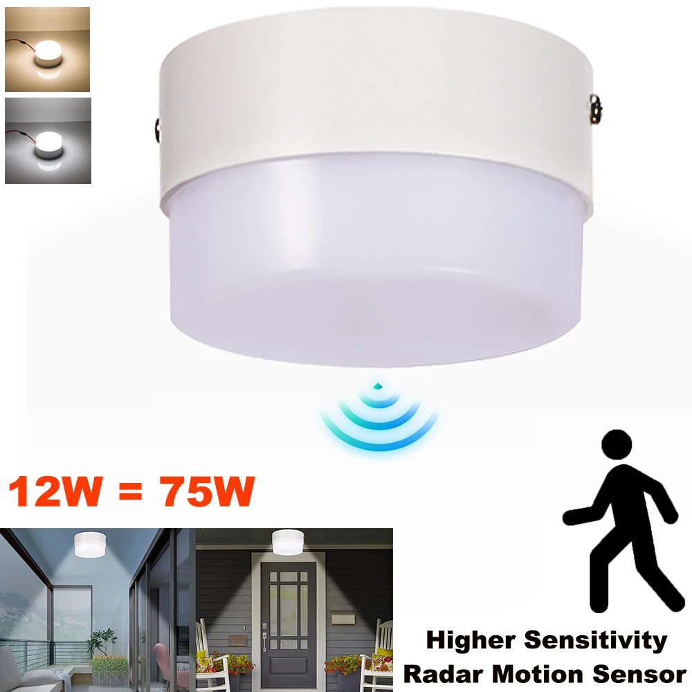 Radar Motion Sensor LED Ceiling Lights 12W=75W Indoor Outdoor Downlight Energy Saving Spot Light Corridors Fixtures Lighting