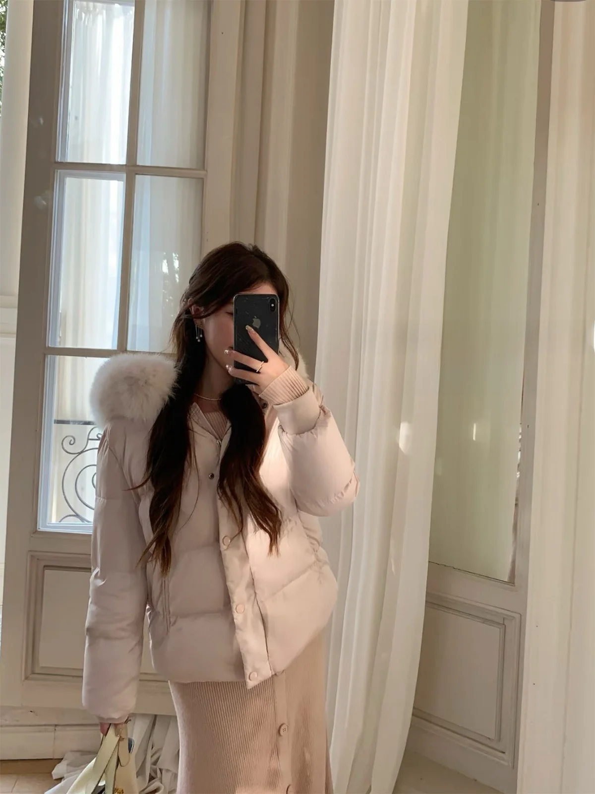 

Пуховик Rosewth Cloudy Pink с меховым воротником, утепленный, из атласа, короткий, теплый, женский, в корейском стиле, с капюшоном