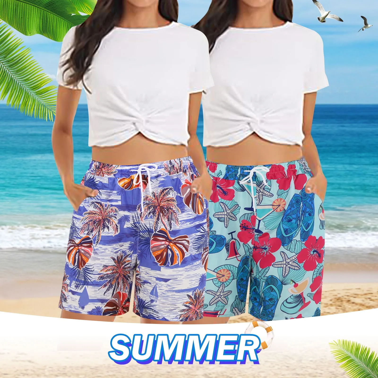 Comfy Beach Ladies Shorts Elastic Waist Floral Print Trousers With Pockets Summer Pants Fashionable Women\'s Shorts Drawstring