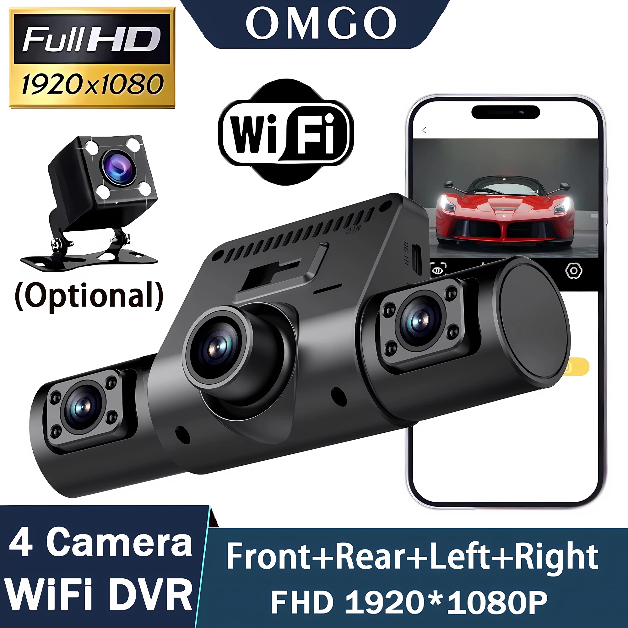 4-Kanal WLAN Dashcam Autokamera Black Box Fahrrekorder FHD 1080P Vorne Links Rechts Hinten Nachtsicht Endlosaufnahme Hardwire-Kit