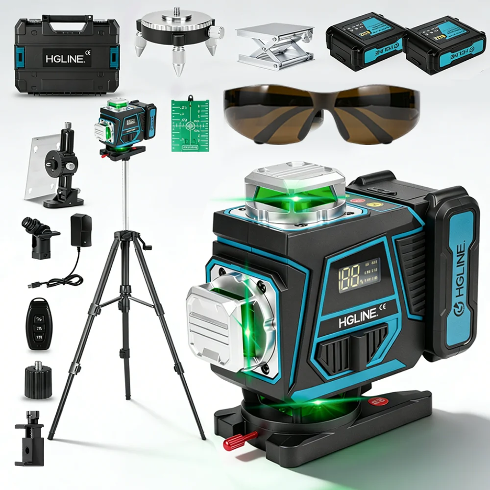 HGLINE 16-liniowy poziomica laserowa 360 ° Samopoziomujący zestaw poziomego i pionowego lasera z trójnogiem 1 m, zielony laserowy poziomica, narzędzie do pomiarów w budownictwie.