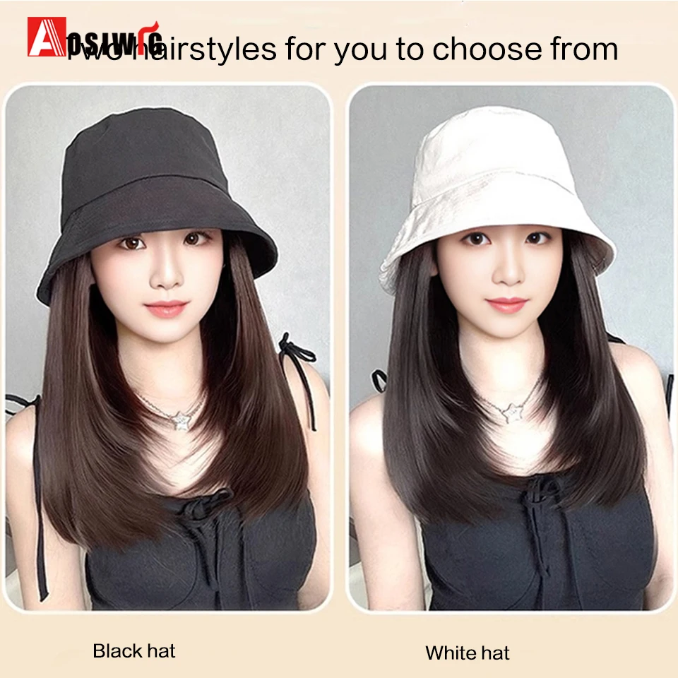 AOSI topi Wig rambut panjang sintetis putih topi nelayan rambut lurus panjang gaya terintegrasi Wig topi wanita musim panas