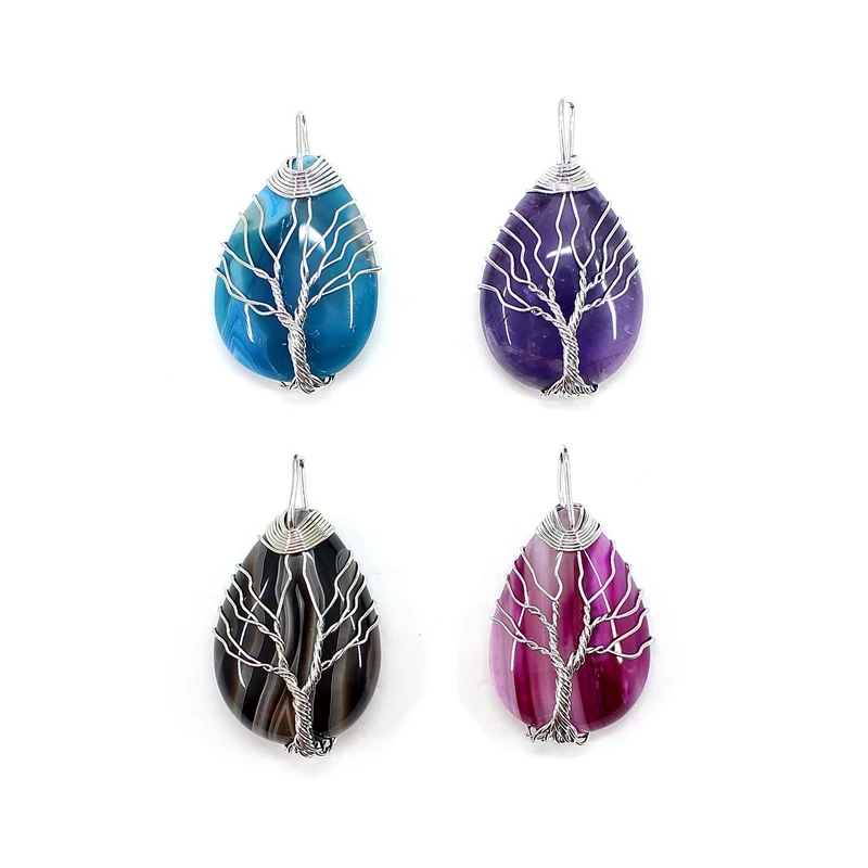 

Natural Stone Pendant Water Drop Agate Tree Of Life Sliver Wire Wrap Reiki Healing Charm For Jewelry Making Necklace Accessories