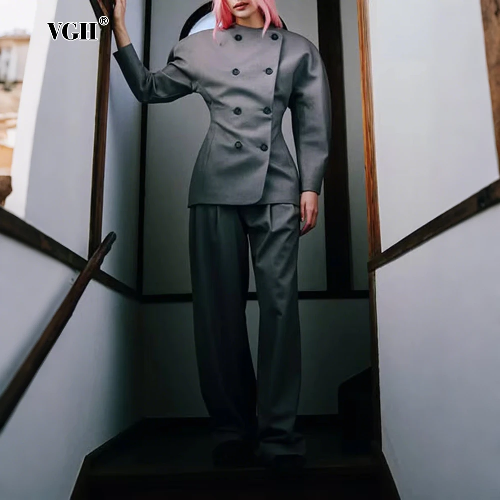 

VGH Высококачественный серый комплект из двух предметов для женщин с круглым вырезом и длинными рукавами на пуговицах, пальто с высокой талией, прямые брюки, минималистичный женский костюм