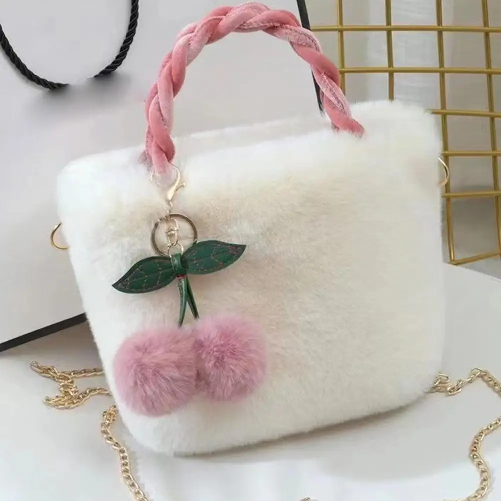 New Year Women Soft Plush Handbag Winter Furry Ladies Clutch Purse Shoulder Bags Cute Female Cherry Pendant Plush Tote Bag