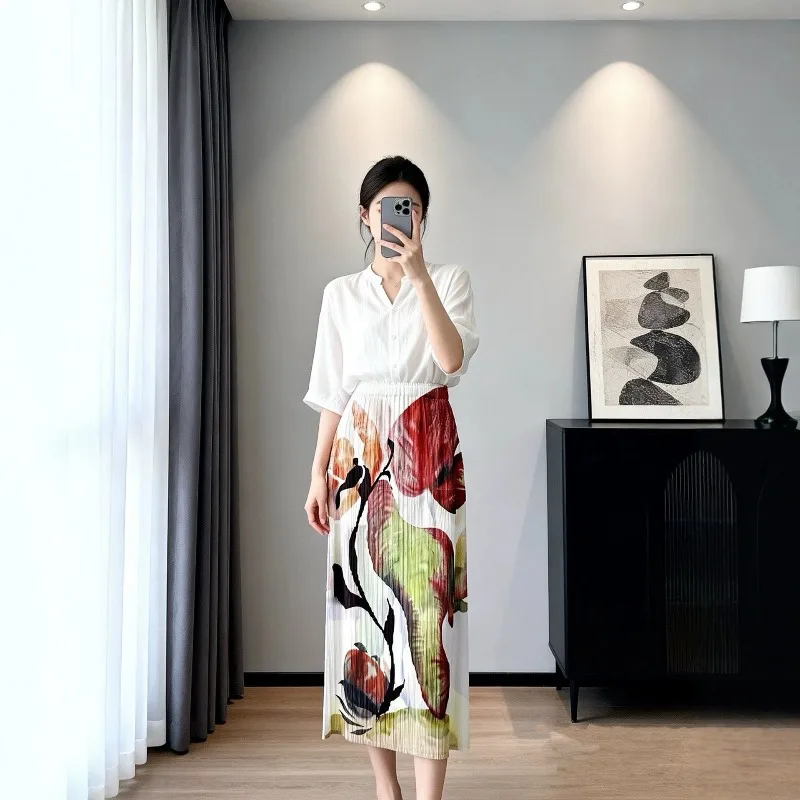 Miyake Pleated 2026 Summer Skirt for Women High Waist Slim Fit Printed Fresh Versatile Casual Pleated Mid-Length Skirt Pleat