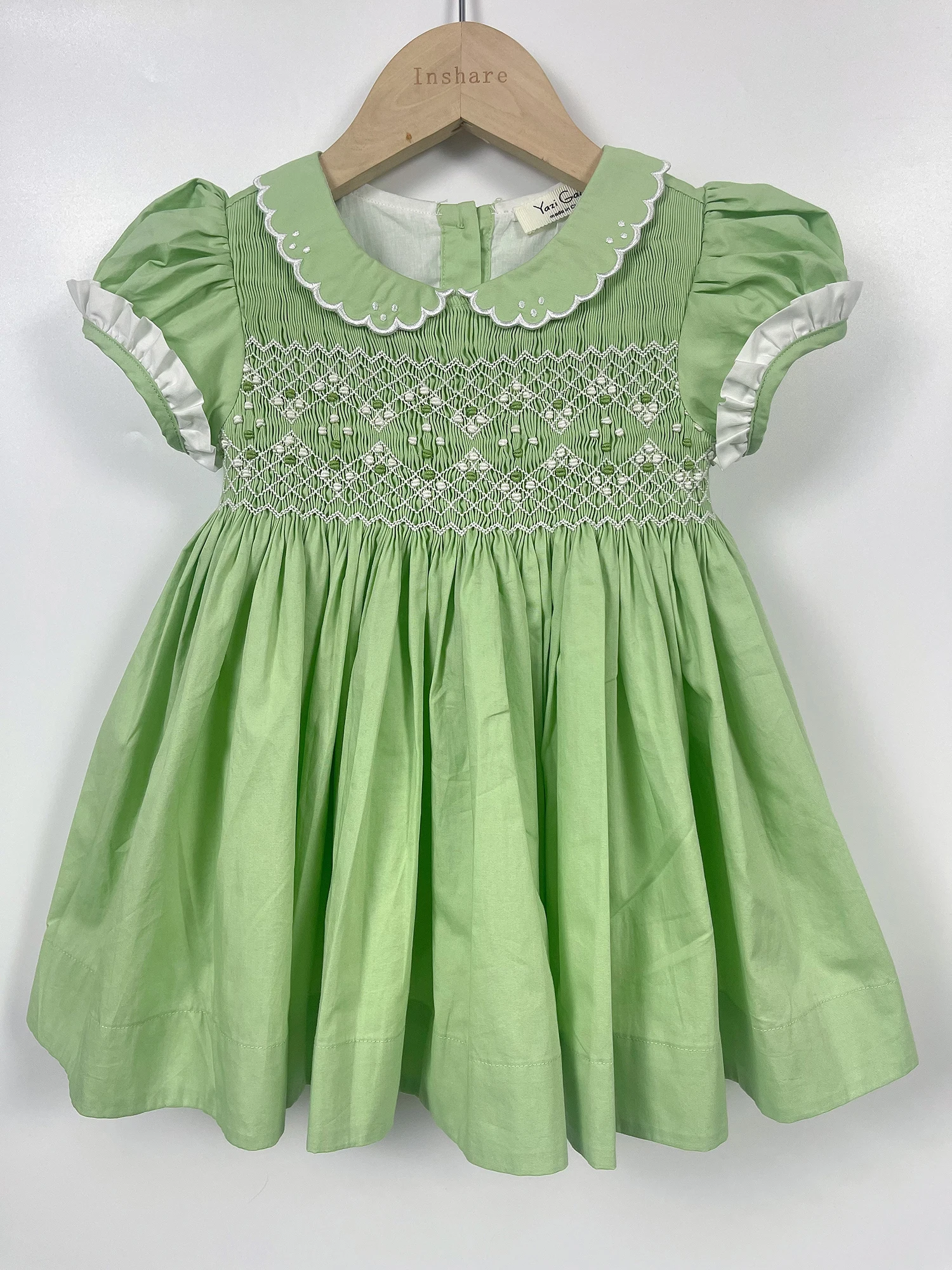 Summer Girls Handmade Smocking Dress Hand Embroidery Green Pure Cotton Fabric Soft Comfortable Banquet Performance Clothing