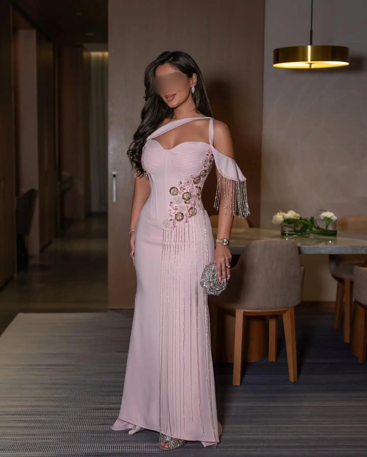 Arabia Shining Pink Mermaid Off the Shoulder Evening Dresses Handmade Appliques Tassel Crystal Sequins Sweep Train Prom Dresses