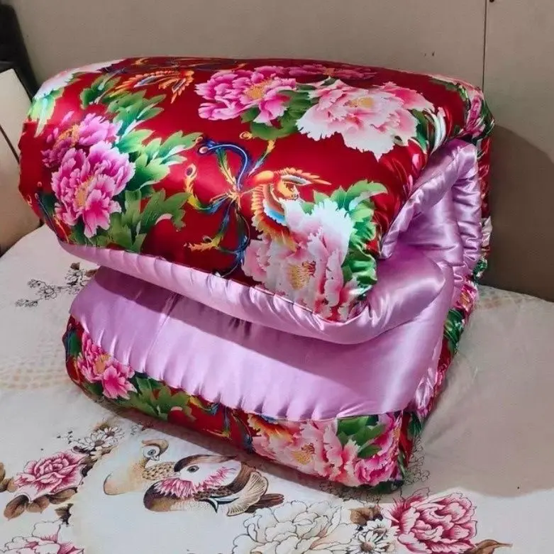

No cotton filling glossy floral print satin silk cover with zipper bedspread home bedding
