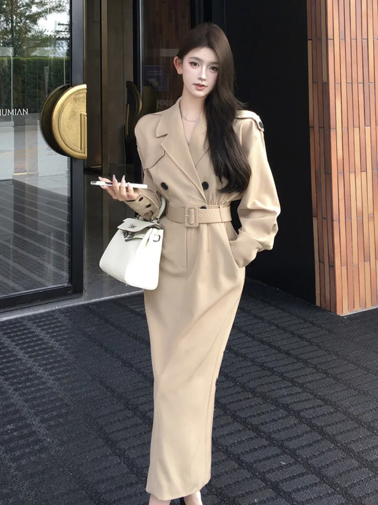 High Quality French Elegant Fashion Long Dresses For Women 2024 New Fall Korean OL Windbreaker Dress Vestidos Largos Robe Femme