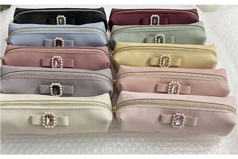 Japanese Sweet Cute New Women's Handbag Fashion All-Match Round Pearl Diamonds Ribbon Pencil Case Handbag Cosmetic Brush Bags