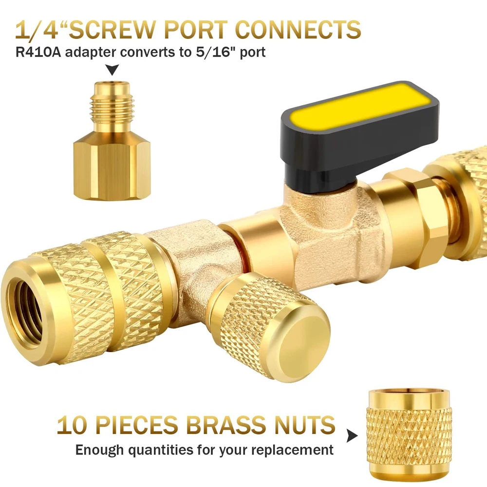 1 Set R22 R134A R12 A/C Valve Core Removal Tool, Dual Size SAE 1/4 & 5/16 Port, with R410 R32 Brass Adapter, 20pcs Valve Cores