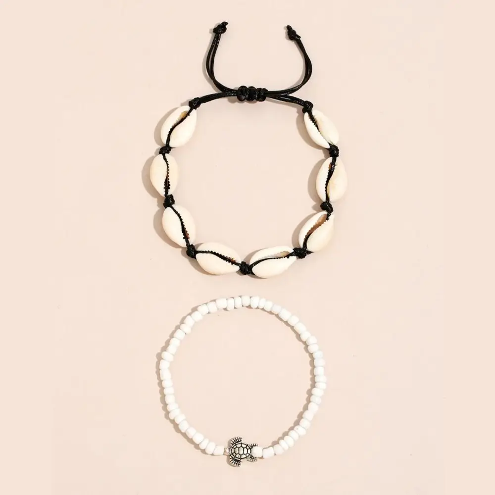 2개 세트 개성있는 조개 모양 쌀알 비즈 발찌 세트, 합금 꼬임 로프 민족풍 빈티지 체인 비치 스타일