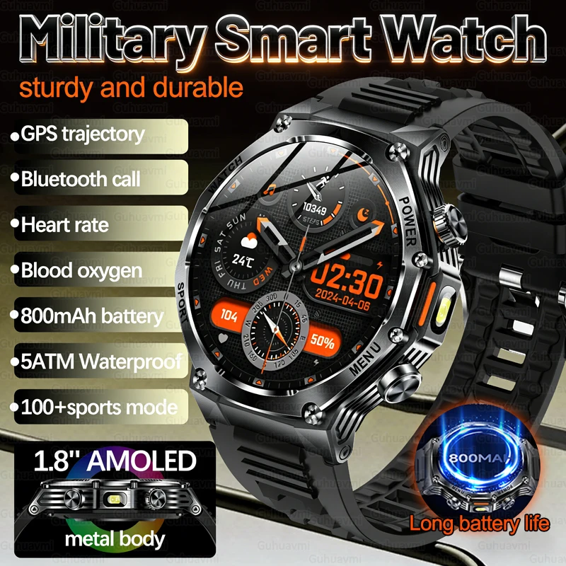 

2026 New Military Grade Sports Smart Watch 5ATM Swimming Waterproof 800mAh Bluetooth Call 1.8'' AMOLED Screen Smartwatch For Men