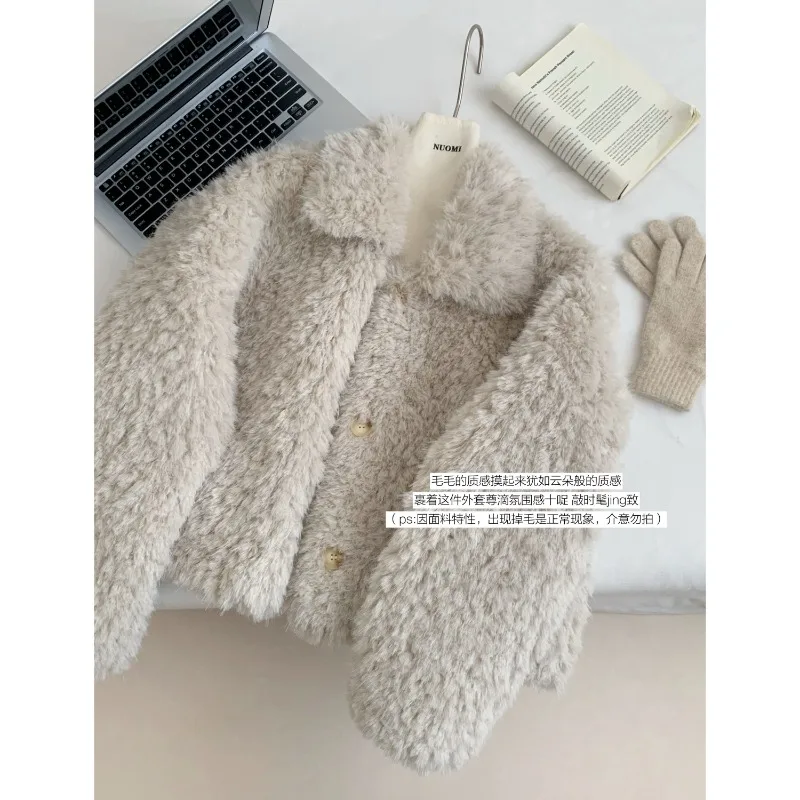 الكورية أزياء الشتاء الجديدة النساء قمم سترة فو الفراء التلبيب طوق طويلة الأكمام واحدة الصدر معاطف قصيرة السترات الإناث