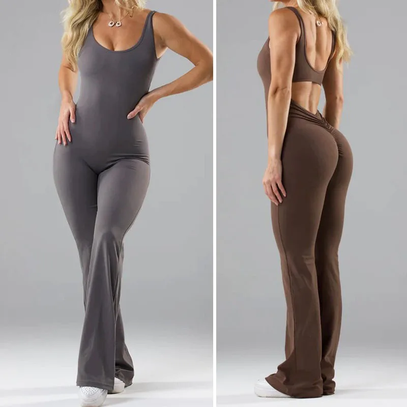 PofyBofy Built in Bra Upgrade Milk Fiber Hollow Backless Scrunch Butt Seamless Women Sleeveless Jumpsuit Fitness Yoga Bodysuit