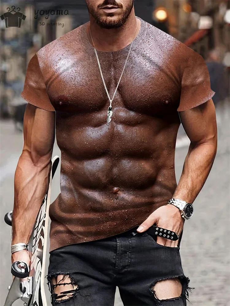3D-Gedrucktes Schnelltrocknendes Atmungsaktives Herren-T-Shirt mit Fake-Muskeln für Sport, Outdoor, Streetwear, Trendy-Style, Rollenspiel, Party, O-Ausschnitt-Oberteil – Detail 12