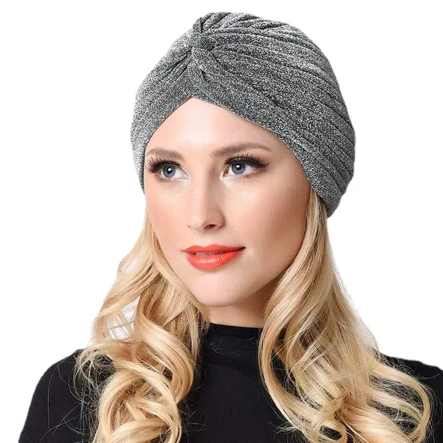 Turbante retorcido con nudo dorado y plateado brillante para mujer, gorro cálido, ropa de calle informal, sombreros indios musulmanes femeninos, Otoño e Invierno